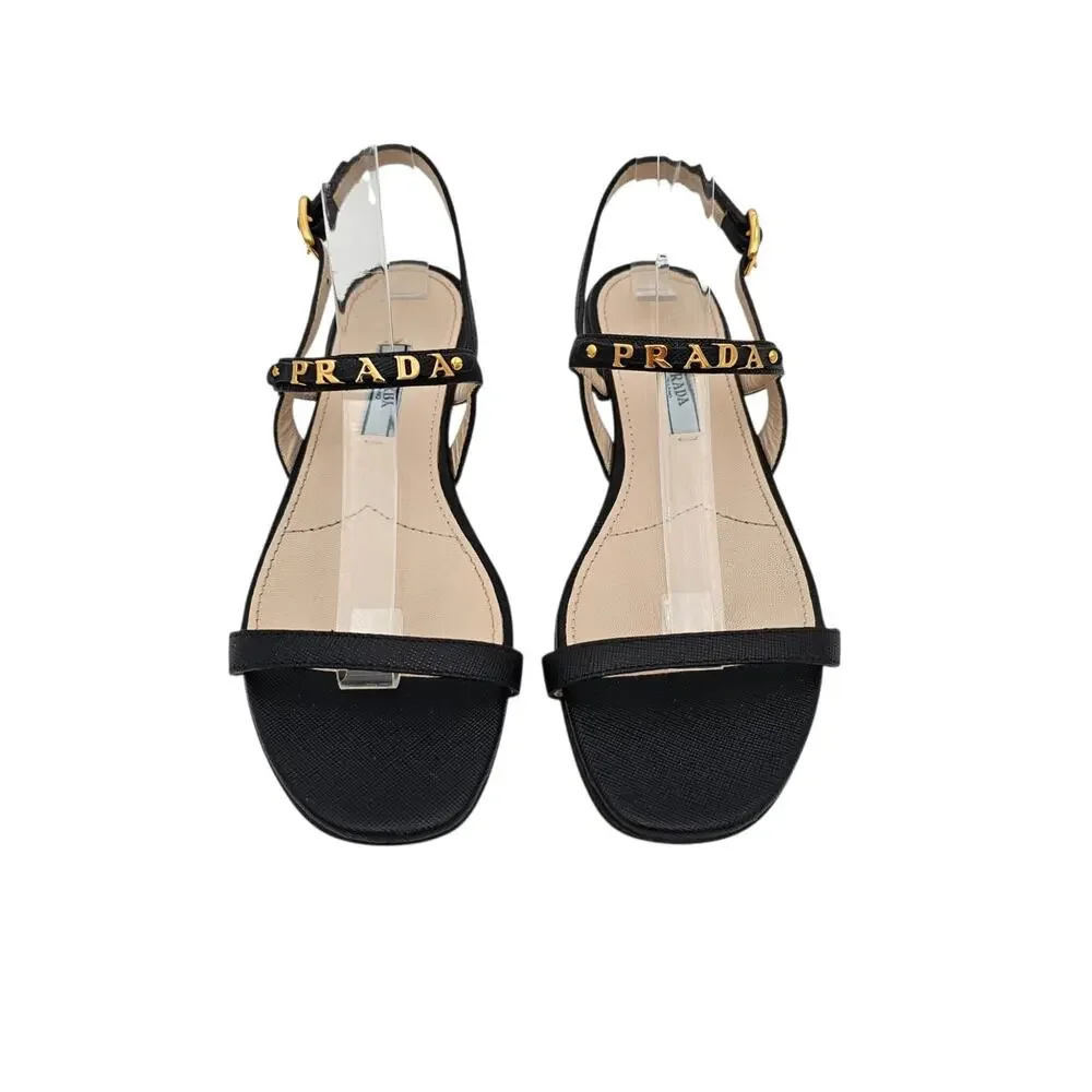 Prada Logo Black Leather Flat Ankle Strap Sandal Gold Buckle Size 36.5 6.5